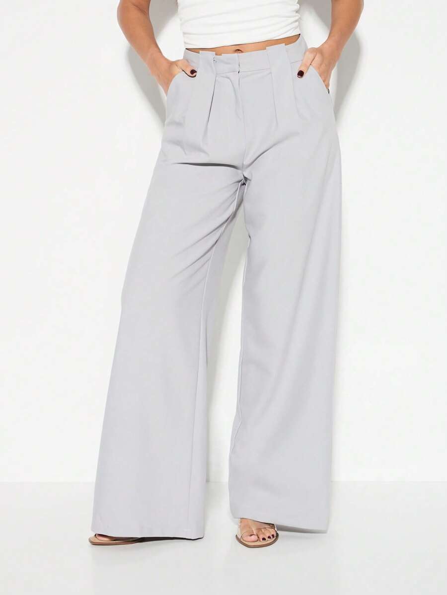 KIZN 褶皱阔腿裤 阔腿办公室裤 专业商务工作正式高腰正装裤 - 灰色 - 查看 1