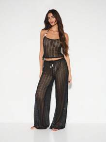 KIZN Crochet Beach Pants Wide Leg Palazzo Holiday Resort Wear Swim Cover Up Summer Festival Lounge Pants With Shell Beads Beachwear