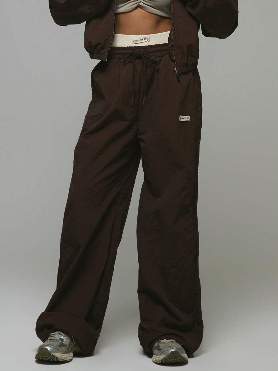 Musera Sport 宽腿尼龙松紧腰带标志直筒裤，适合板网球、网球、泡菜球健身房健身