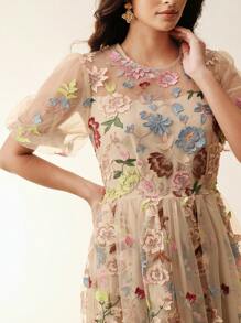Anewsta 3D Floral Embroidered Puff Sleeve Round Neck Elegant Dress - Camel - View 5