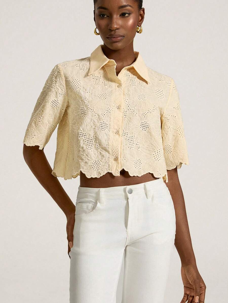 BELROSIE Women's Solid Color Random Daisy Embroidery Elegant Hollow Out Shirt - Apricot - View 1