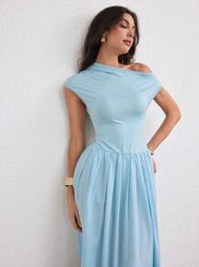 Modelyn Women's Elegant Soft Charm Light Blue Long Dress With Asymmetrical Shoulder Ruffled Hem - Mint Blue - View 6