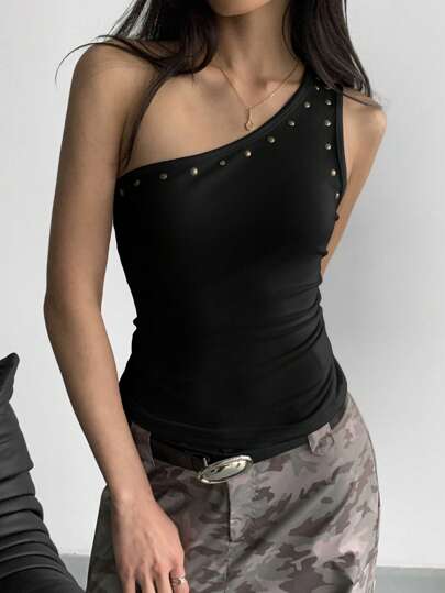 StreetHx เสื้อไหล่เดียวหนึ่งชิ้น แขนกุด สีพื้นเรียบ สำหรับผู้หญิง สบายๆ เอนกประสงค์ ในฤดูร้อน