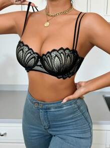 SHEIN 1pc Women's Romantic Embroidery Underwire Bra - Black - View 5