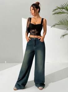 SHEIN EZwear Top de tirantes de encaje vintage negro en talla grande, para el verano
