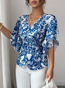 Elenzga Autumn New V-Neck Slit Waist Floral Print Blouse, Vintage Porcelain Pattern, Elegant Casual Vacation Date Wear, Puff Sleeve Shirt For Women, Teachers - Blue and White - View 3