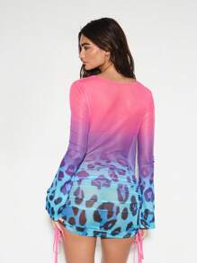 KIZN Đầm mini họa tiết da báo ombre mặc đi biển mùa hè mặc đi nghỉ dưỡng mặc đi biển dài tay có dây rút bên hông mặc đi nghỉ - Nhiều màu - Xem 2