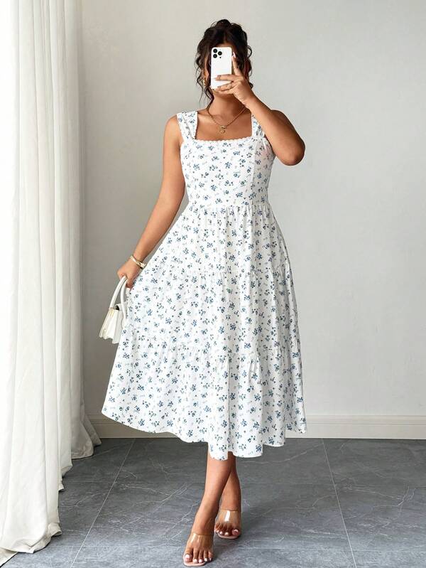 Elenzga Elegantes Sommerkleid mit Blumenmuster und ohne Ärmel, Große Größen