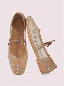 CUCCOO DOLLMOD أحذية أنيقة مريحة للنساء من نوع مري جين بتصميم قدم لوز مستديرة، بتزيين حزام من الشبكة والراين ستون مع فيونكة، تصميم مع تهوية جيدة