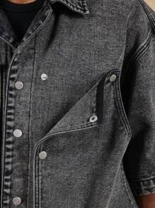 SUMWON Jachetă tip cămașă din denim supradimensionată, cu mâneci scurte, cu nasturi metalici în față, stil de lucru, buzunare la piept, haină de toamnă și primăvară - Negru - Vizualizare 5