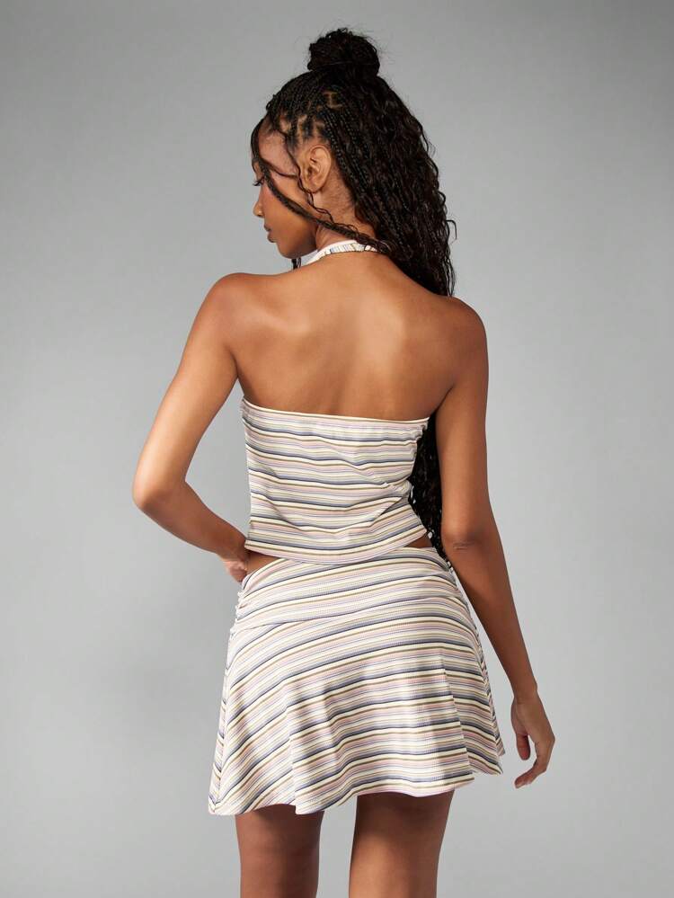 MISSGUIDED Modern Vintage Ribbed Halter Crop Top And A-Line Mini Skirt Co-Ord Festival Summer Beach Holiday Party Outfit