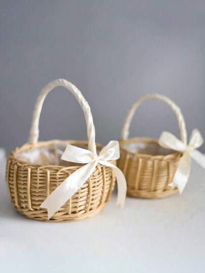 1 قطعة سلة زهور محمولة يدويًا صغيرة مصنوعة من الخوص، سلة تخزين للمأكولات في الرحلات الريفية مرتب لأدوات المائدة منزلية