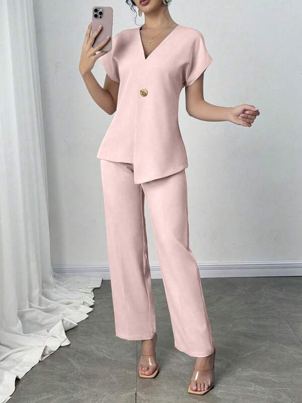 Modelyn Women's Khaki Cinched Waist Boxy Top + High-Waisted Pants Set, Chic & Stylish