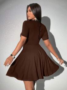 Viva Relle Plus Size Women Summer Sexy Ribbed V-Neck Tie Front Dress - Coffee Brown - View 2