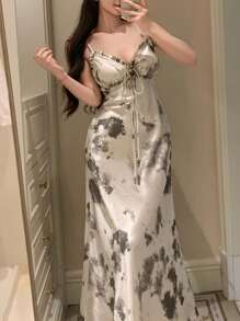 DAZY Tie Dye Allover Print Ruffle Trim Long Fitted Cami Dress For Women Pajama - Beige - View 1