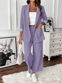 SHEIN Clasi 女士条纹斑驳翻领夹克和裤子休闲套装 - 紫色 - 查看 5