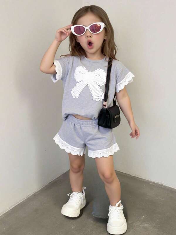 2pcs/Set Baby Girl Spring&Summer Casual Style Bowknot Decoration Short Sleeves Top&Lace Decoration Short Pants