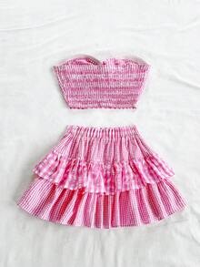 Soleia Bộ 2 món trang phục thường ngày mùa hè cho nữ: Áo xoắn bandeau và chân váy nhún bèo, họa tiết kẻ caro xanh trắng, thích hợp cho ngày lễ Bộ váy gingham màu hồng Bộ váy mùa hè Bộ váy hồng Trang phục đi nghỉ Bộ váy cho nữ - Nhiều màu - Xem 2