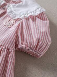 PrepCrw 女宝宝学院风粉色条纹拼布彼得潘领泡泡袖连衣裙