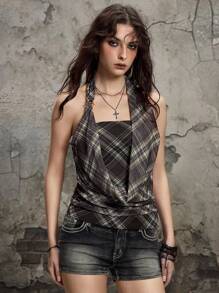 ROMWE J-Fashion 夏季海滩毕业复活节音乐会纳什维尔音乐节格子复古亚文化时尚网格网眼修身挂脖背心女式 - 棕色 - 查看 7