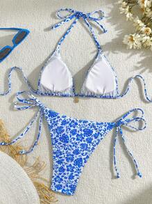 Swim Vcay Women's Tropical Plant Print Halter String Sexy Bikini Swimsuit Set, Random Print For Summer Beach Vacation