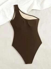 Swim Vcay 女士海滩夏季音乐节棕色金属首饰单肩优雅度假风格连体泳衣 - 棕色 - 查看 2