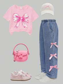 SHEIN ChillGRL 2 件套 Tween Girls Y2K 风格蝴蝶结印花 T 恤和 3D 蝴蝶结细节牛仔裤，适合夏季 - 粉色 - 查看 3