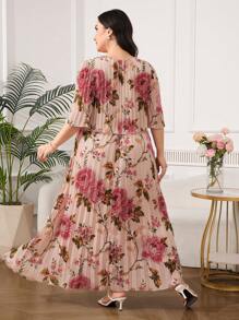 Reflora 大码女式几何优雅雪纺荷叶边褶皱连衣裙，夏季大码夏装大码碎花连衣裙大码连衣裙女士大码夏装曲线夏装女士夏装曲线碎花大码连衣裙大码连衣裙大码碎花夏装曲线加大码夏装大码长裙优雅连衣裙女士夏装女士夏装 - 彩色 - 查看 3