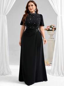 Coutiva Plus Size Women's Faux Pearl Decor Mandarin Collar Short Sleeve Elegant Formal Evening Gown (Embellished Design) Birthday Dresses For Women Sequin