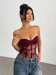 Aloruh 女士时尚蕾丝透视性感抹胸紧身衣 - 酒紅色 - 查看 3