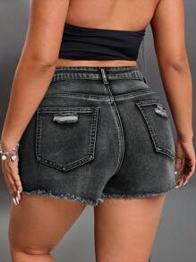 SHEIN ICON Plus Size Distressed Ripped Skinny Denim Shorts - Dark Grey - View 2