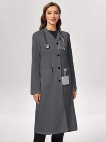 TaskEZ Mid-Length Solid Color Front Button Lab Coat - Dark Grey - View 3