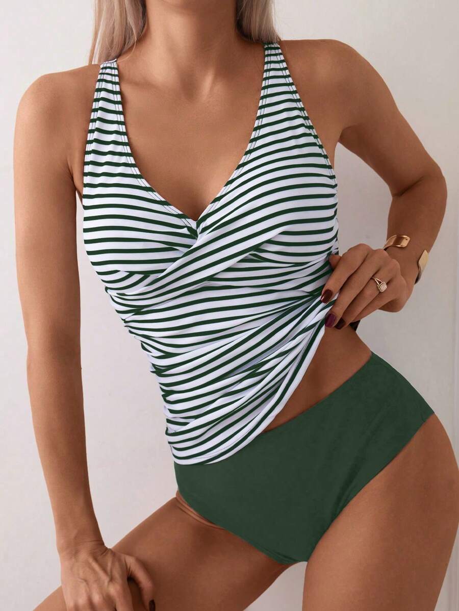 Swim Lushoire 女款夏季海灘交叉條紋分體式比基尼泳衣套裝 - 軍綠色 - 查看 1