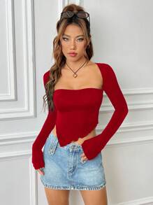 SHEIN EZwear 春季樱桃红波浪边方领不对称下摆短款长袖修身T恤 - 玫瑰紅 - 查看 4