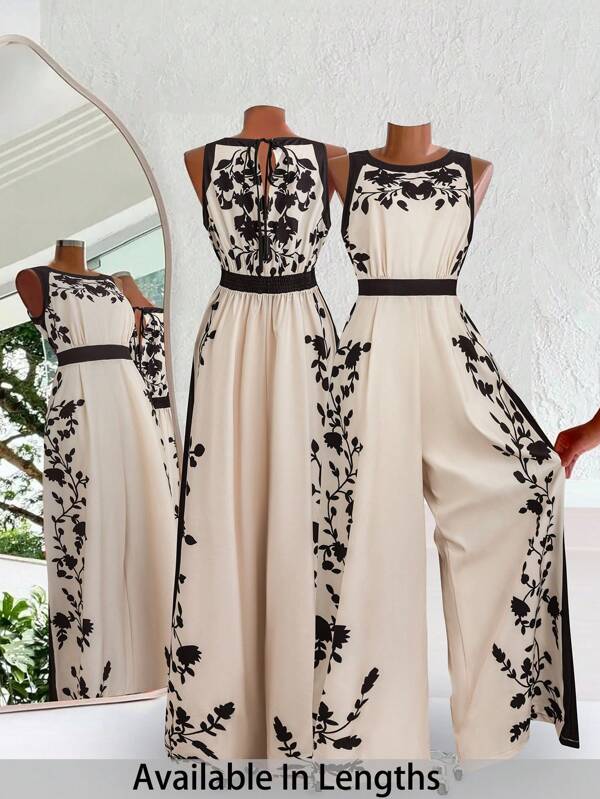 SHEIN PETITE CURVE Plus Size Women Floral Print Backless Tie Loose Jumpsuit Boho Jumpsuit Floral Jumpsuit Cream Jumpsuit Elegant Jumpsuit Summer Jumpsuit