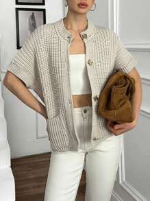 EURMUSE Damski kardigan z krótkim rękawem i kieszenią na guziki w jednolitym kolorze z przodu - Beżowy - Zobacz 4