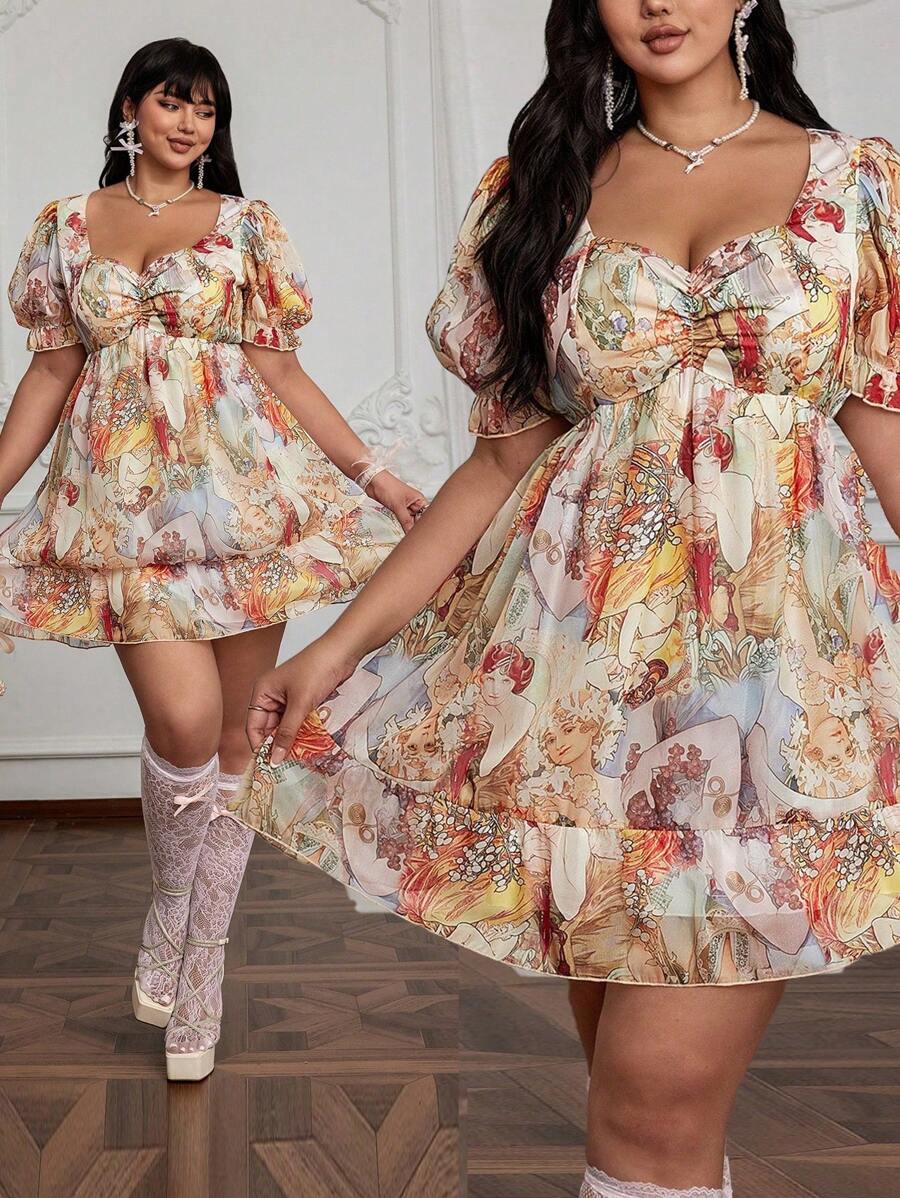 Flirla Vestido Linha A de Pescoço Quadrado Estilo de Férias Romântico Plus Size - Multicolorido - Visão 1