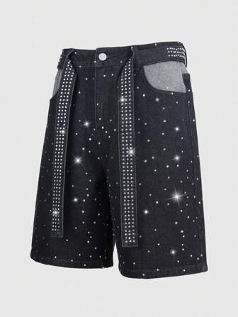 ROMWE Avant Street Life Men's Pocket Rhinestone Design Wide Leg Bermuda Denim Shorts