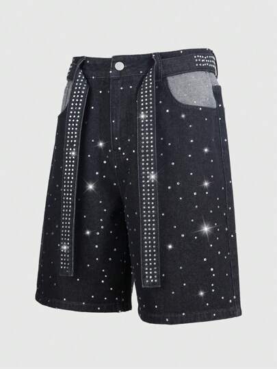 ROMWE Avant Pantaloncini di jeans Bermuda da uomo con gamba larga e design con strass sulla tasca