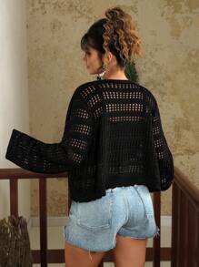 SHEIN VCAY Plus Size Solid Color Hollow Out Short Knit Black Cardigan Y2k Black Summer Top Crochet Tops For Women Eyelet Top For Women Knit Top Summer Tops Going Out Tops Women Crochet Streetwear Tie Front Top Mesh Back To School In Fall/Winter, For Woman