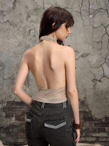 ROMWE Grunge Punk Y2K Vintage Apocalyptic Backless Halter Crop Tank Top - Apricot - View 3