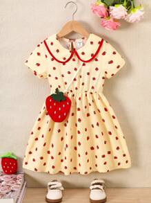 SHEIN Girls' Short Sleeve Smocked Collar Strawberry Print Dress With Strawberry Shaped Hanging Pouch, Casual Outfit For 4-7 Years Old, Summer New Arrival