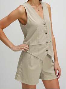 Airaco 2 件套女士休闲纽扣背心和短裤套装，夏季时尚 - 卡其色 - 查看 6