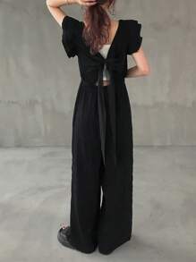 FRIFUL 女士纯色荷叶边短袖宽松阔腿连体裤，休闲短袖夏季露背连体裤，黑色连体裤，黑色透视上衣系带露背连体裤，黑色露背上衣 - 黑色 - 查看 4