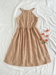SHEIN Vestido de tirantes bordado con diseño distintivo y de tejido de punto hueco para niñas en verano - Café - Ver 2