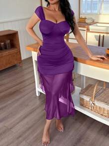 Women's Sexy Mesh Ruched Bodycon Slip Dress - Purple - View 5