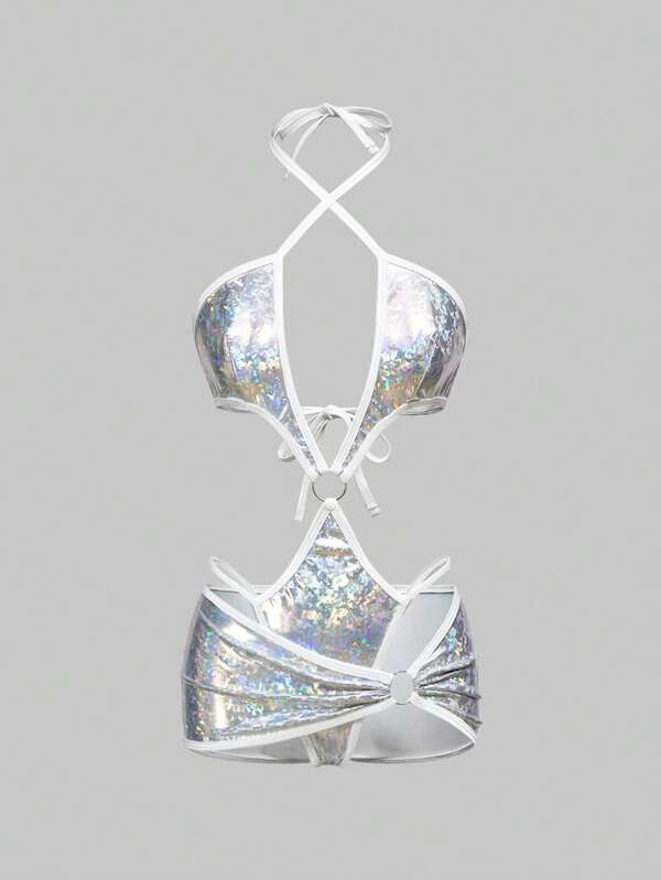 ROMWE Avant Set di lingerie di moda sexy rivestito in tessuto olografico