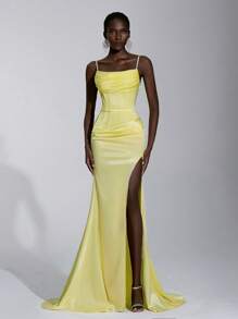 Elitara Elegant Cream Yellow Satin Shiny Elastic Spaghetti Strap Fish Bone Tape Low Waist Fish Tail Slit Maxi Dress, Suitable For Dates, Vacations, Music Festivals, Weddings, Awards Ceremonies, Graduation, Prom, Formal Occasions - Light Yellow - View 7