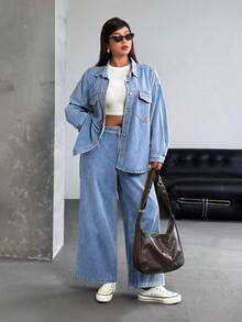 SHEIN ICON Plus Size Women Loose Fit Distressed Denim Jacket - Light Wash - View 5