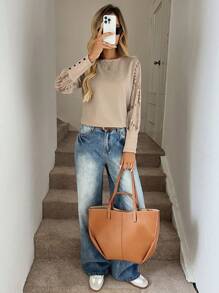 Easowa 卡其色蕾丝袖拼布华夫格花卉女式上衣